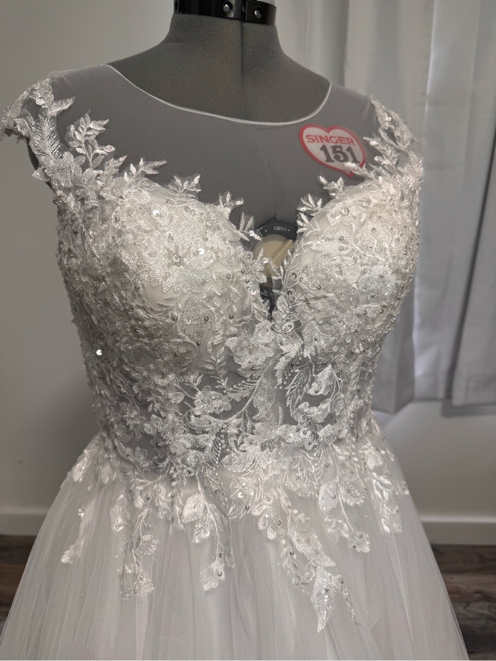David's Bridal White Lace Applique Illusion Neckline Wedding Gown